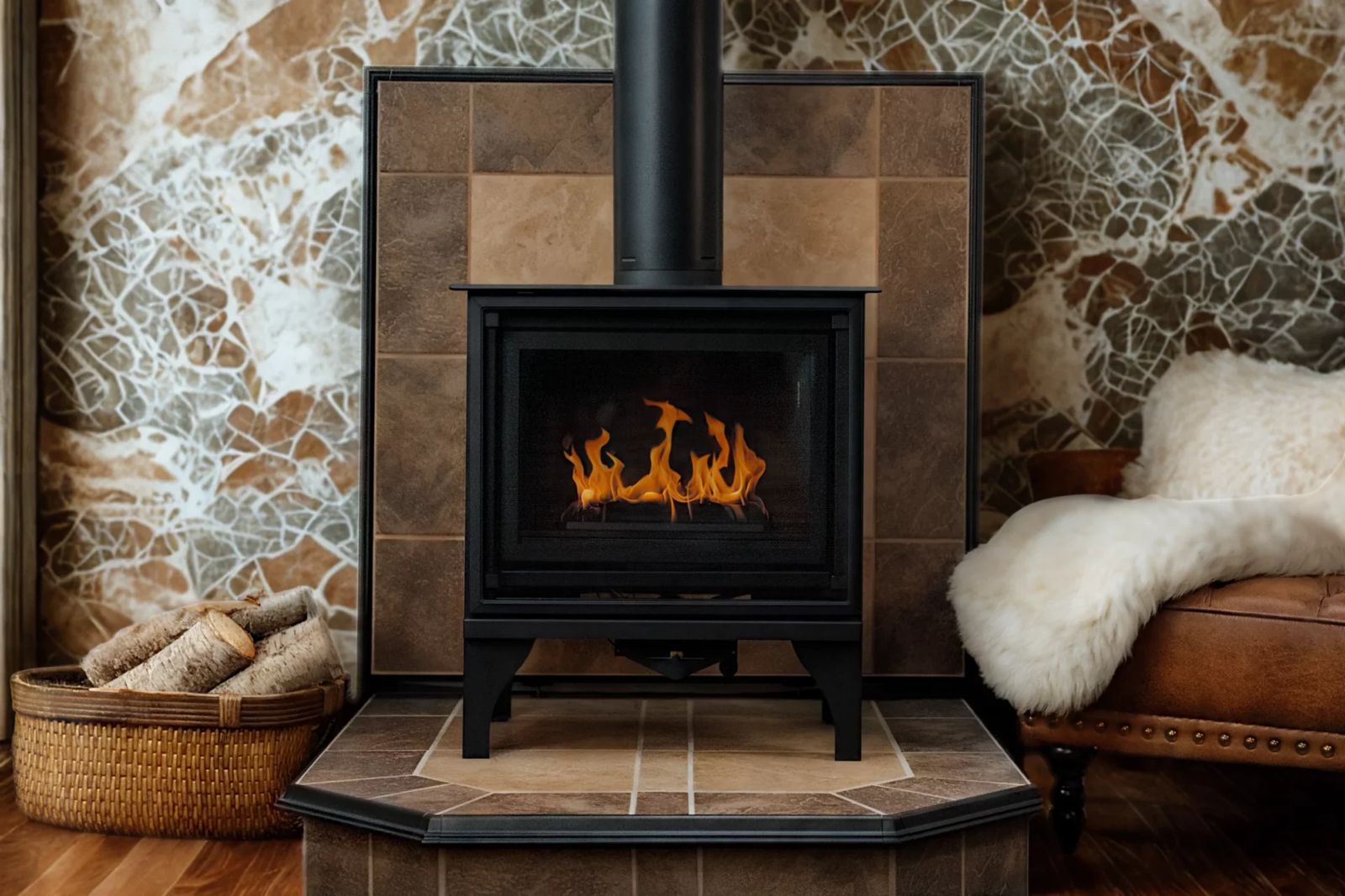 A black wood stove on a Hearth Classics tile hearth pad