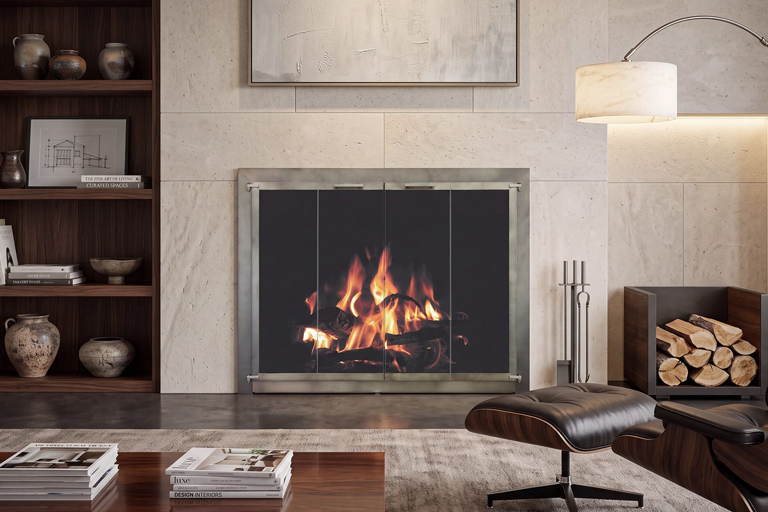 Stoll Bar Iron glass fireplace doors, closed over a burning fire, in a stone fireplace wall