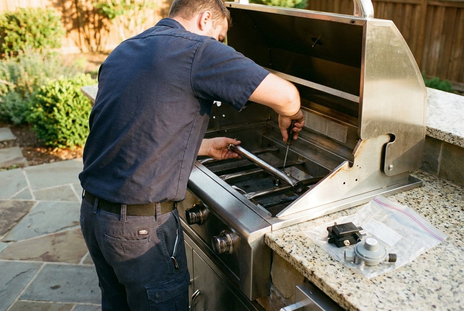 A service technician replacing a burner in a stainless steel built-in gas grill on a backyard patio, new igniter and regulator beside it