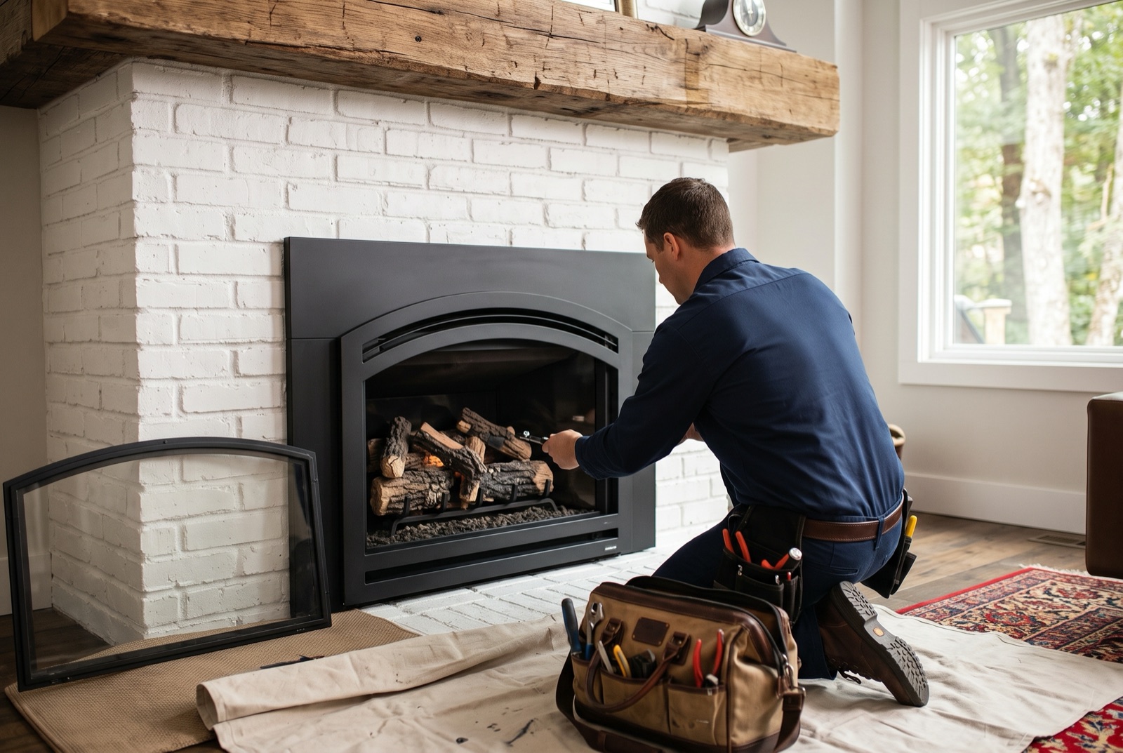 A service technician kneeling on a drop cloth, servicing an open gas fireplace insert in a brick fireplace